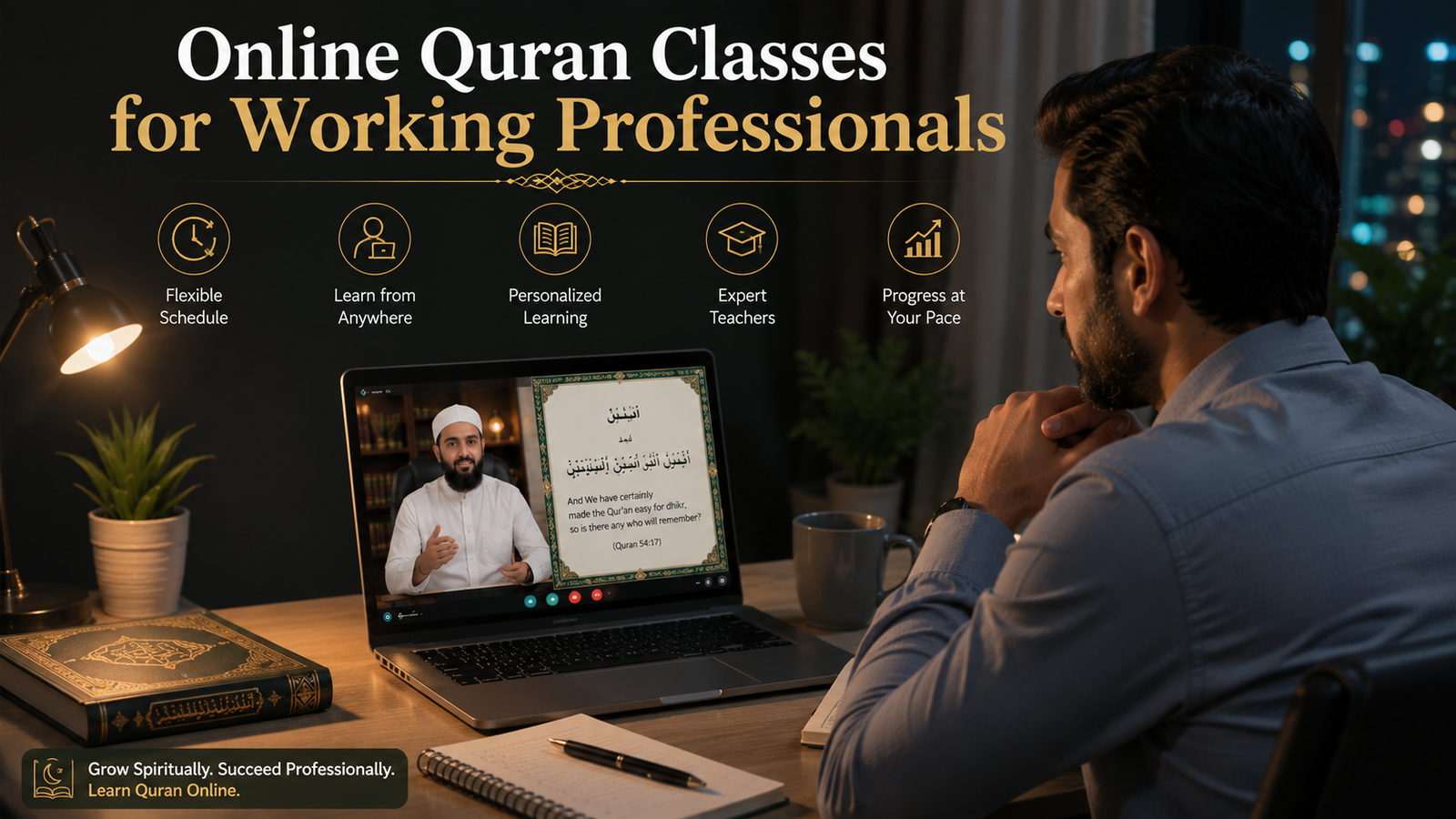 Working professional attending online Quran class from home