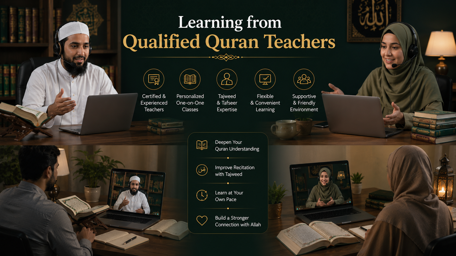 Experienced male and female Quran teachers conducting online classes