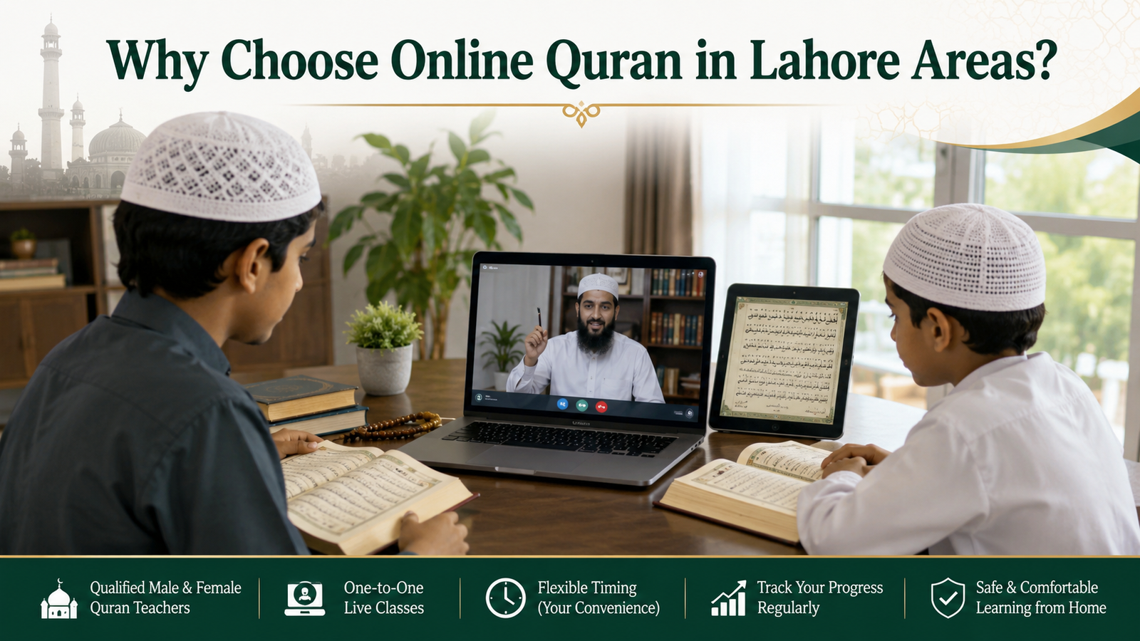 Child learning Holy Quran from home with online teacher
