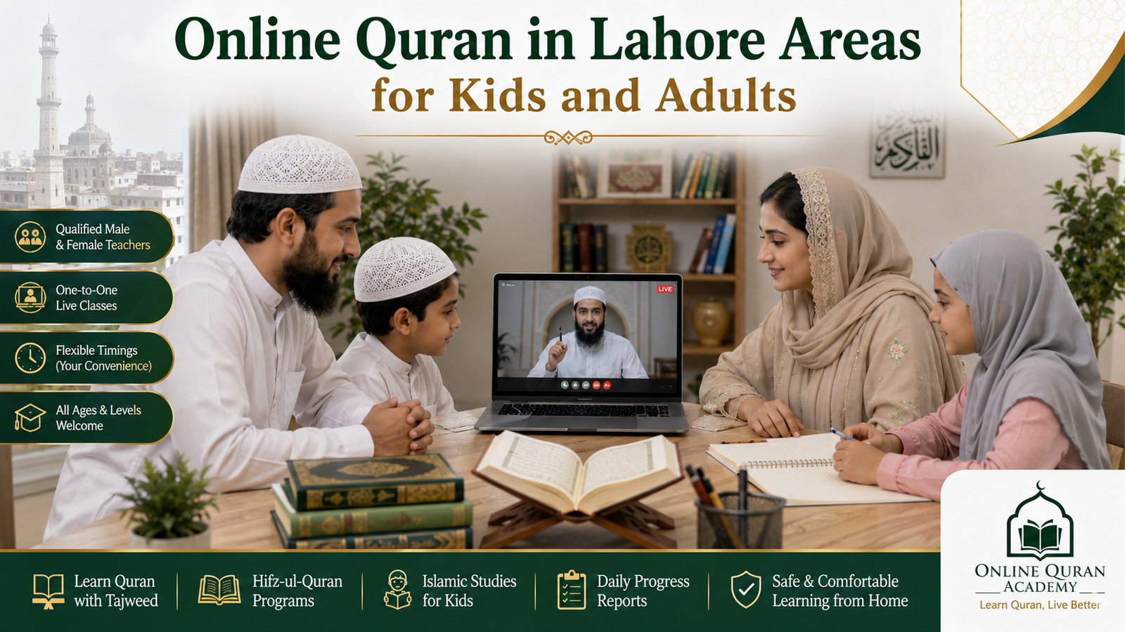 Muslim student attending live Quran class on laptop