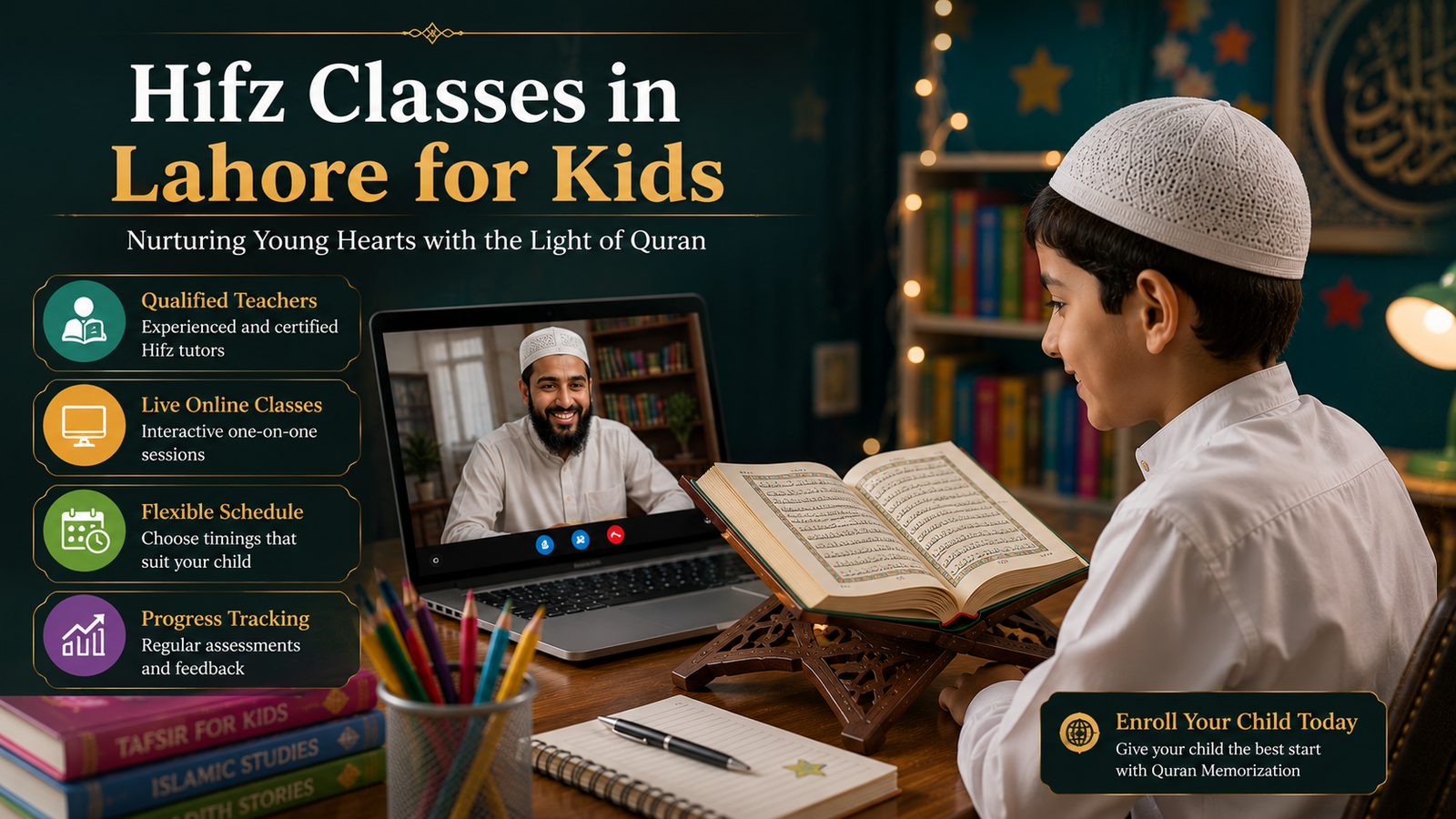 Young Muslim child learning Quran memorization with a teacher 