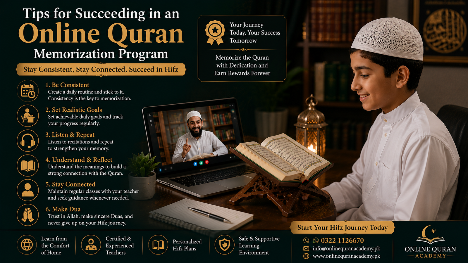 Student successfully completing an online Quran memorization program