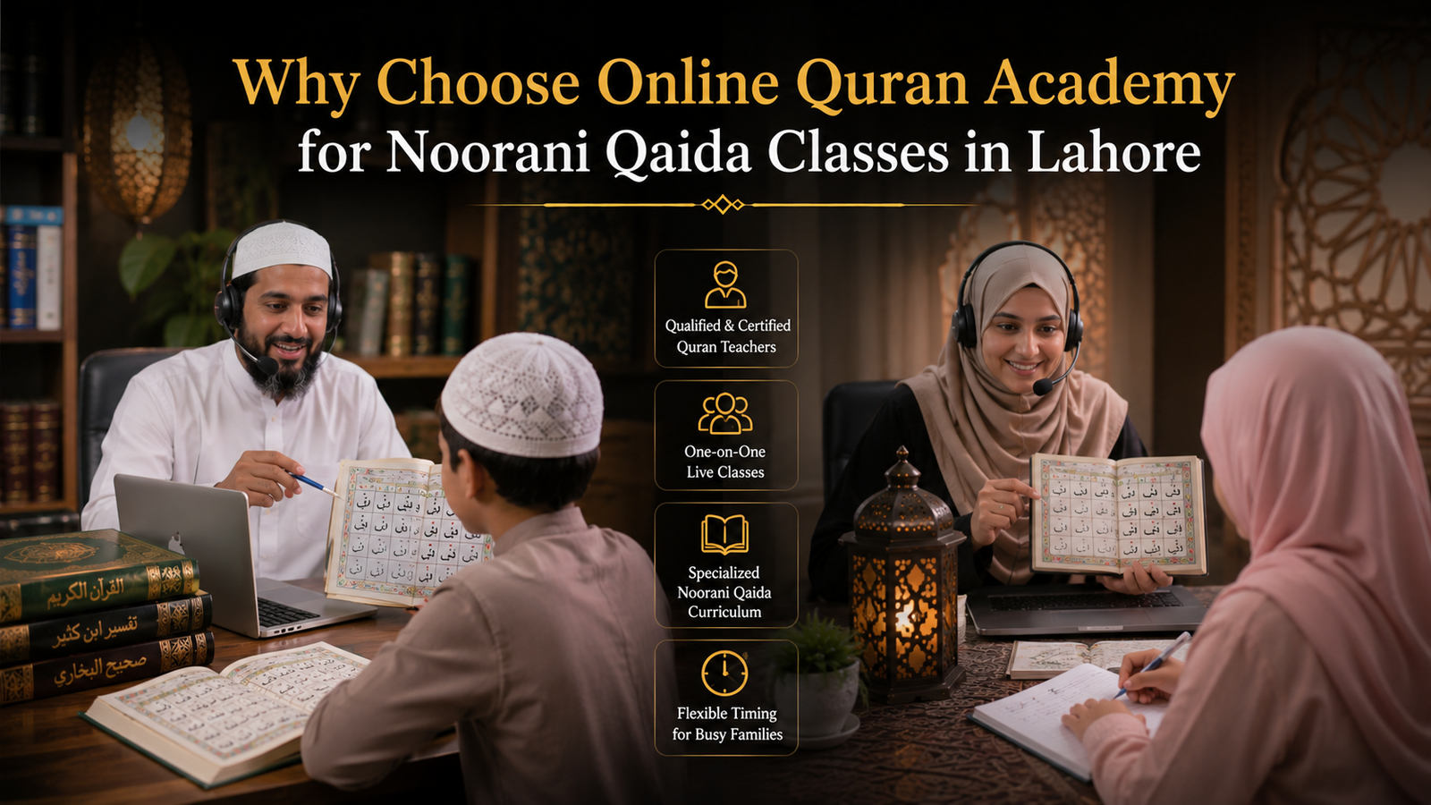 "Trusted Online Quran Academy with certified male and female Quran teachers conducting live Noorani Qaida classes online for children in Lahore, students learning from home through interactive one-on-one Quran lessons."