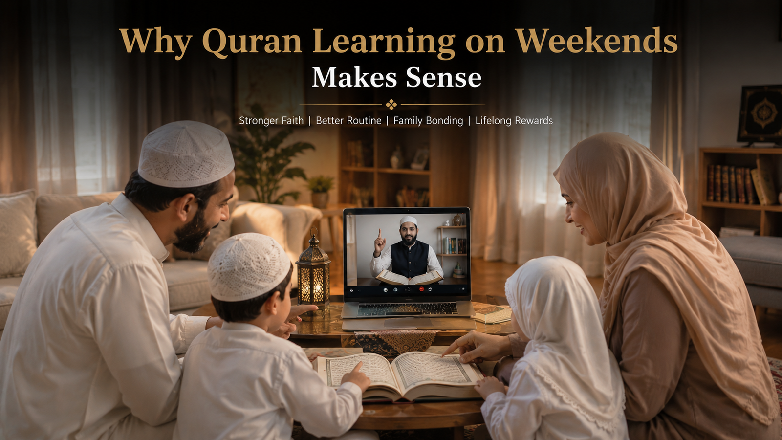 Muslim family learning the Holy Quran together on a peaceful weekend morning.