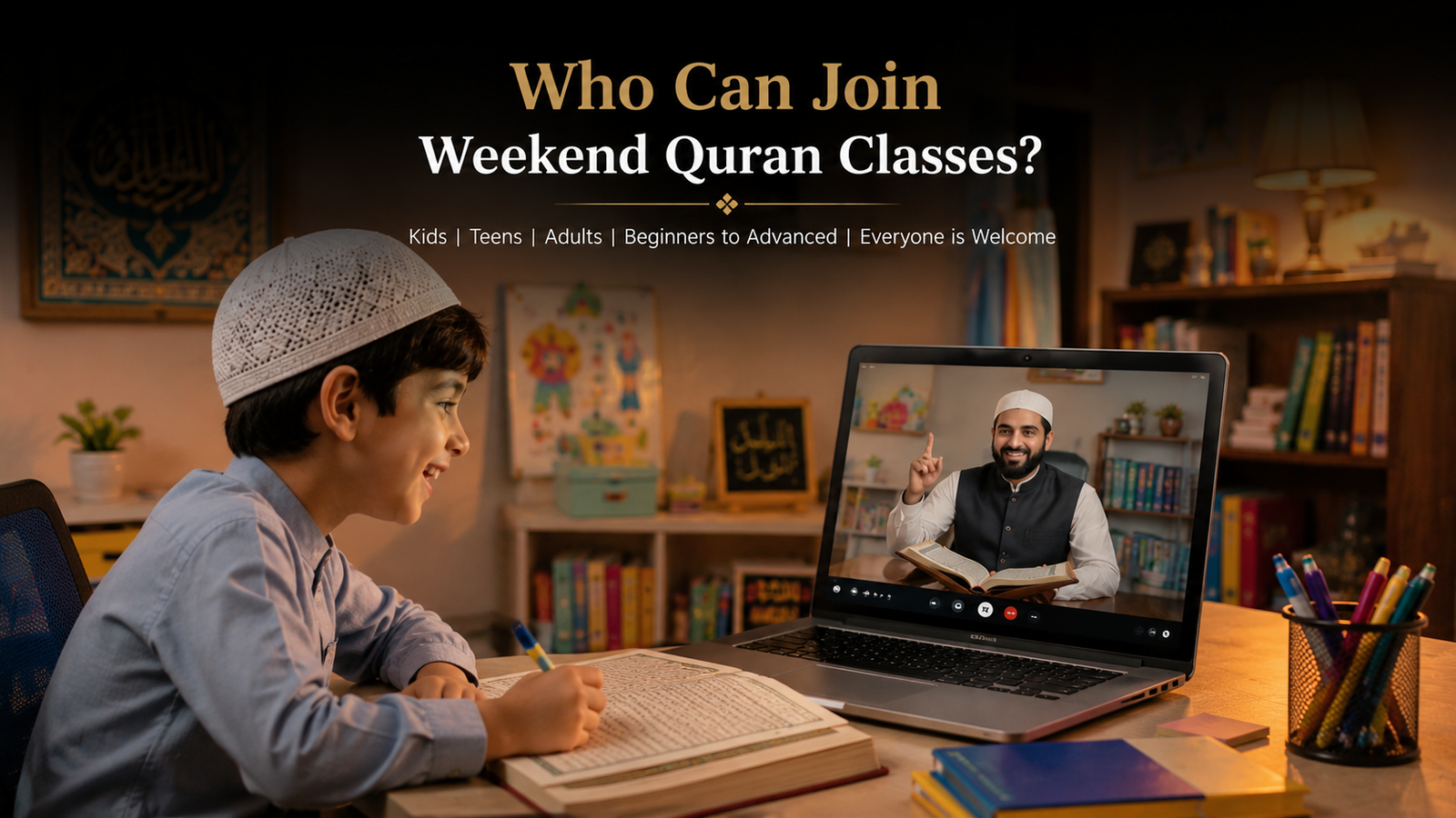Student attending an online Quran lesson with a qualified Quran teacher.