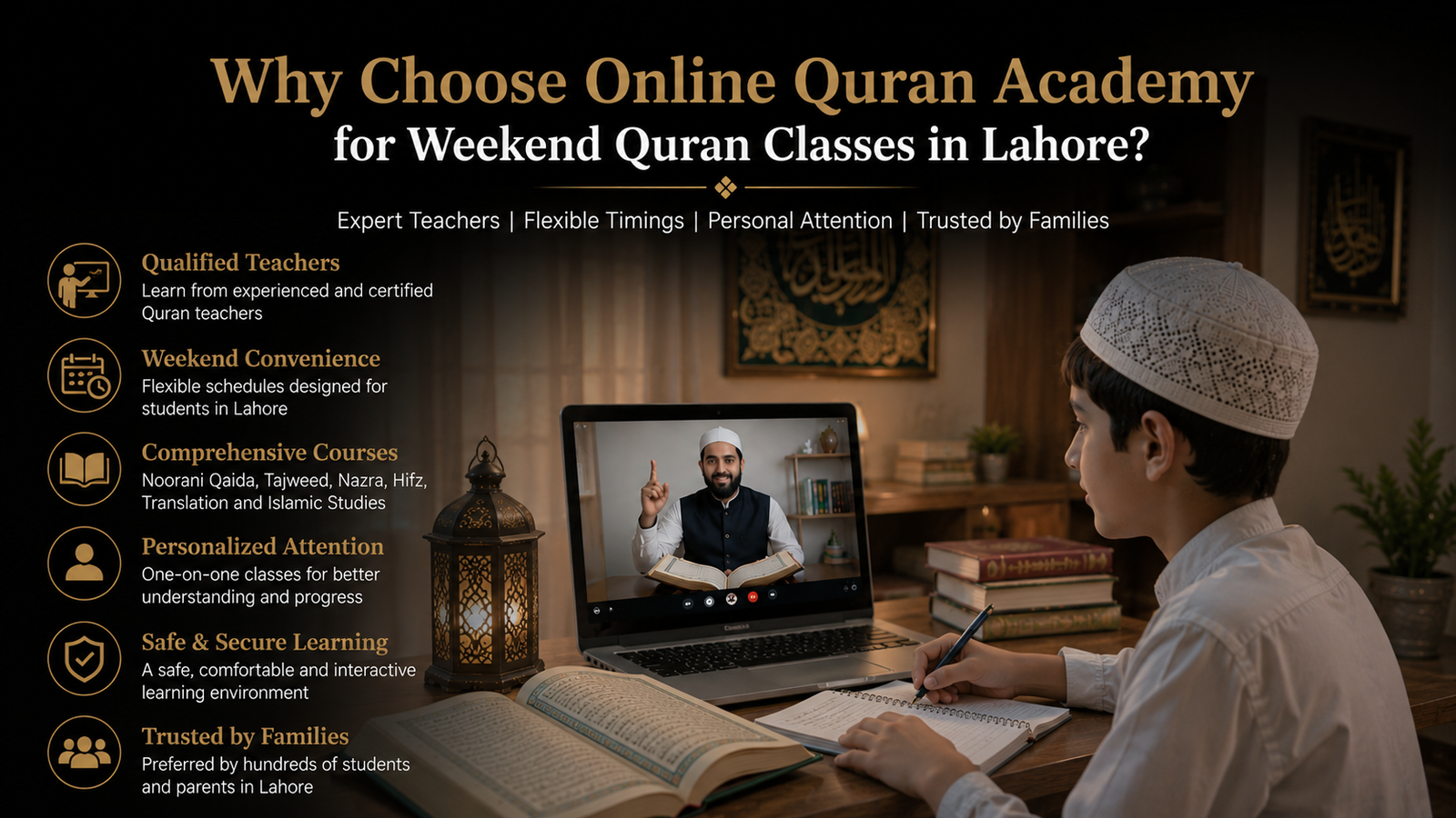Student practicing Quran recitation at home with an online Quran teacher.