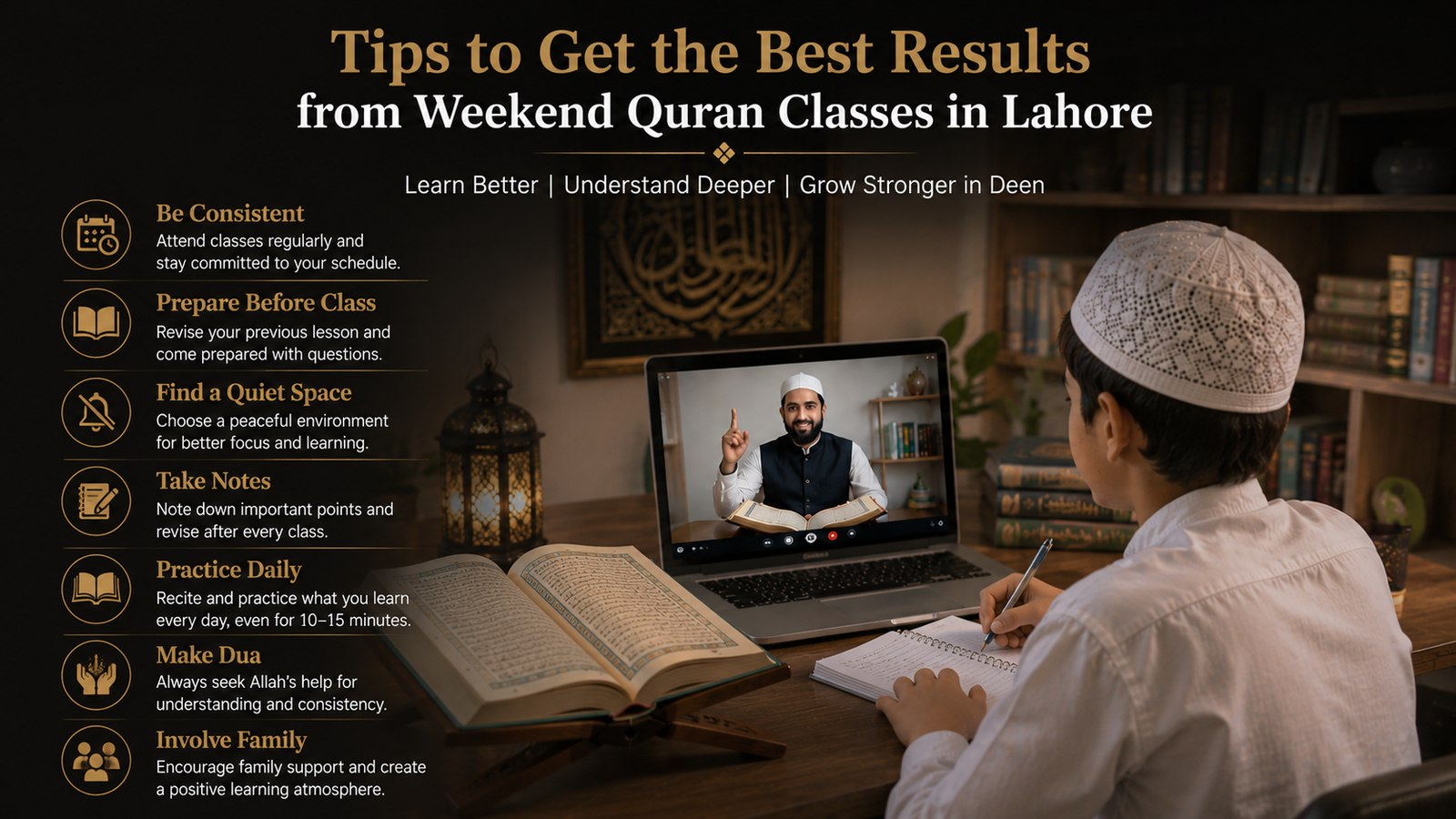Qualified Quran teacher conducting a live online Quran class.