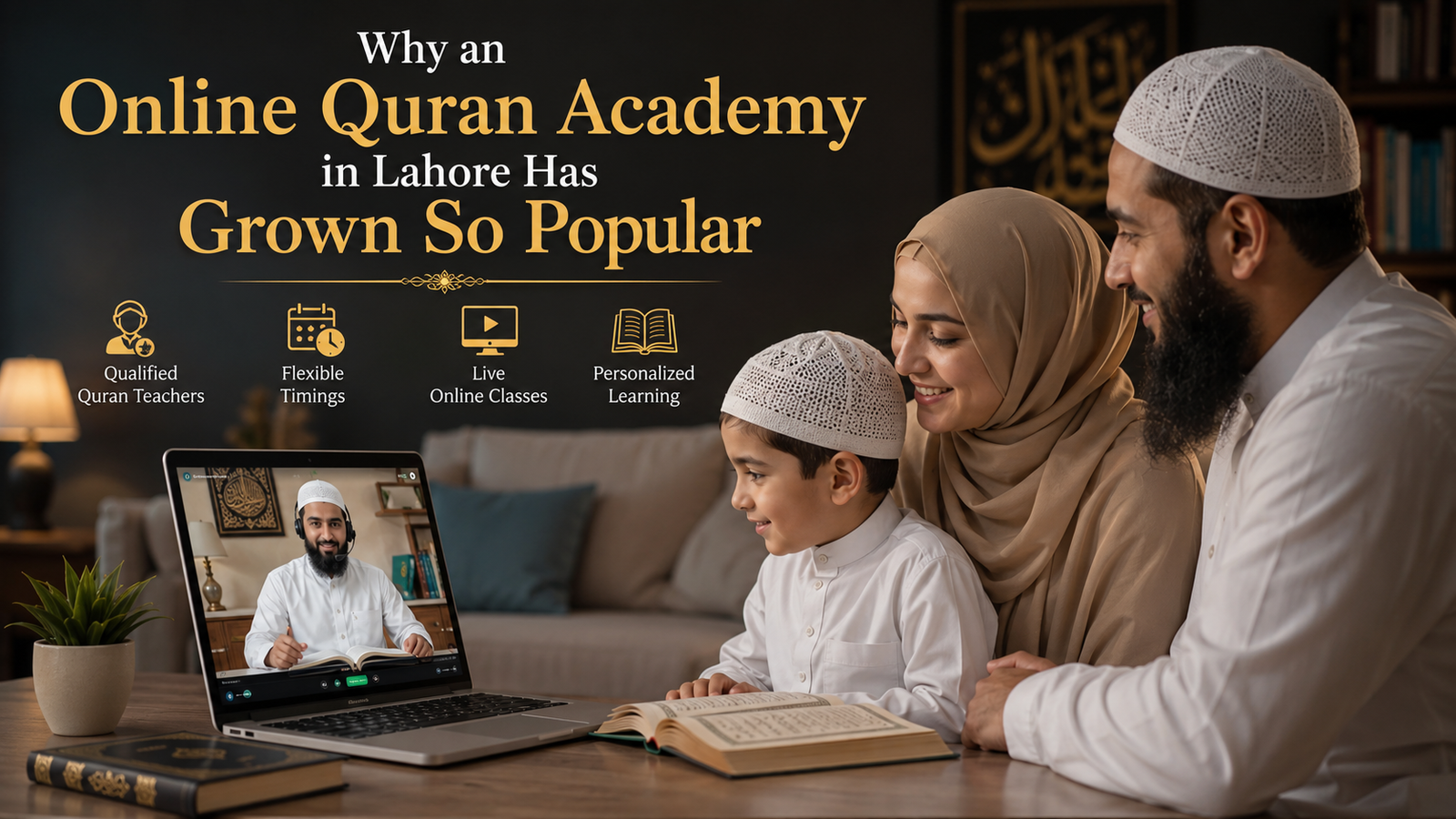 Muslim family learning the Holy Quran from home through a live video lesson.