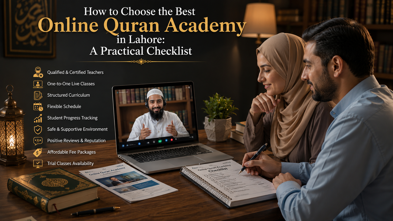 Parents reviewing an online Quran academy checklist with a laptop, Holy Quran, notebook, and qualified Quran teacher during the enrollment process.