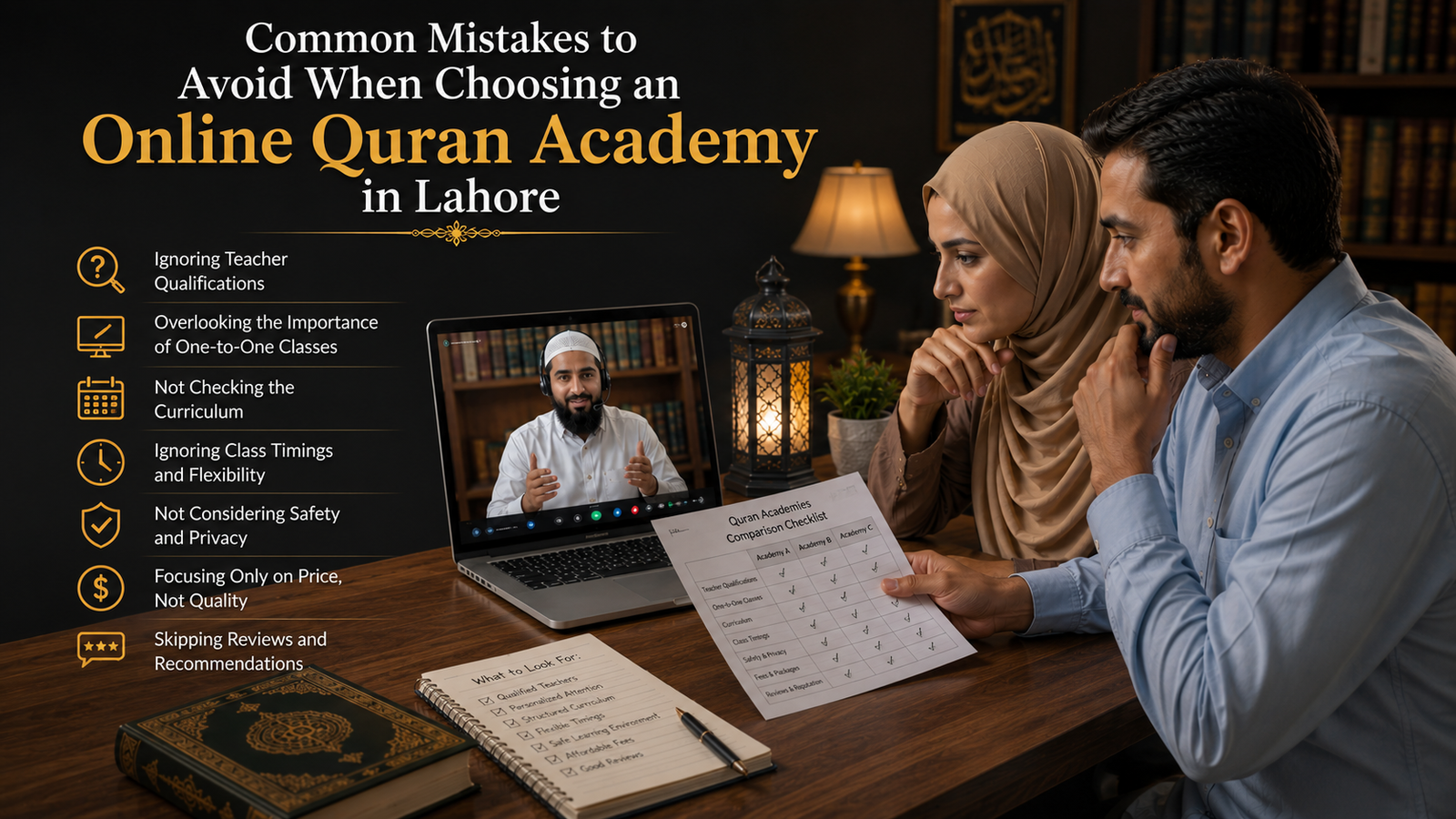 Parents comparing different online Quran academies and avoiding common enrollment mistakes while consulting a qualified Quran teacher through live online classes.
