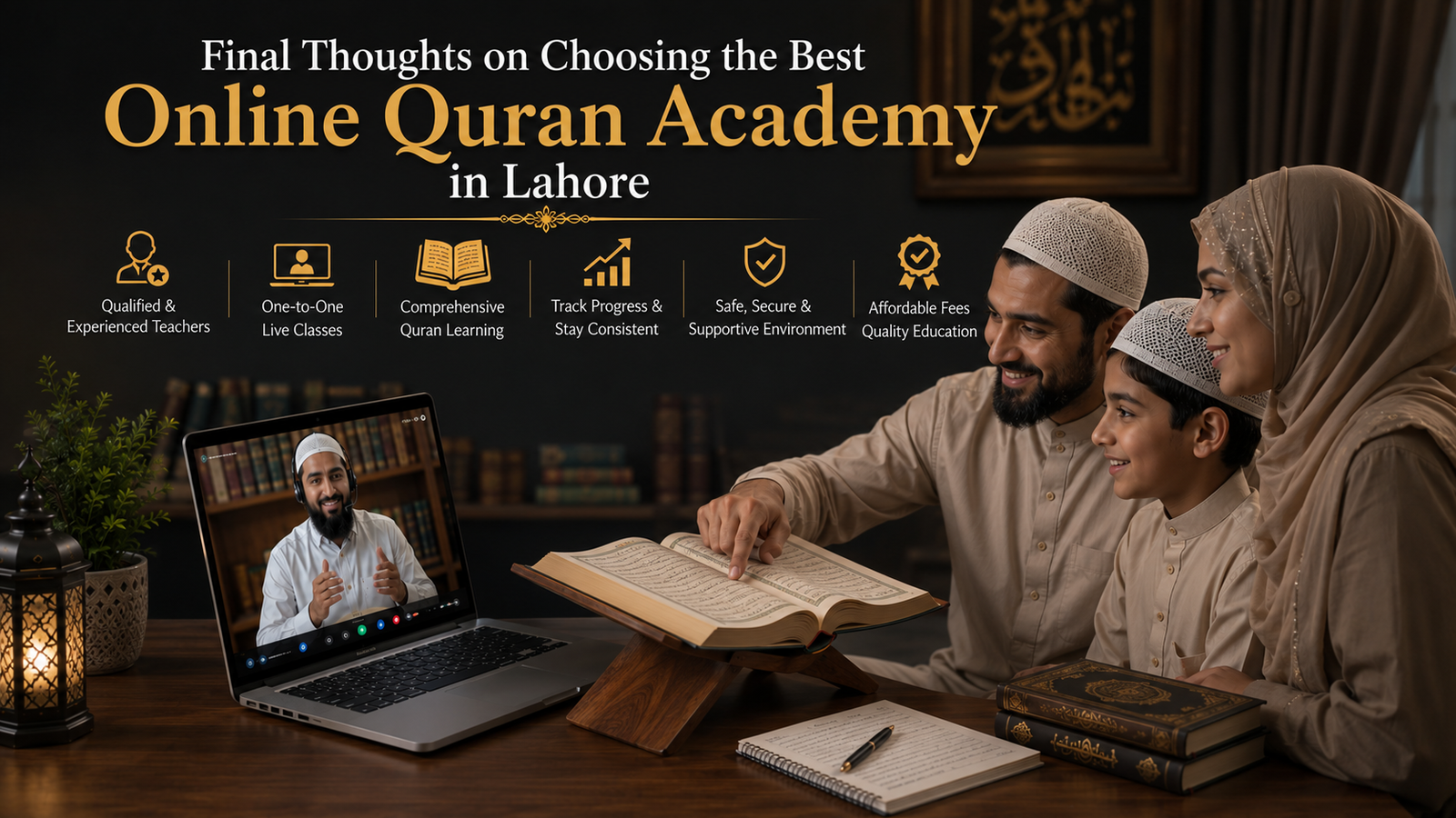 Confident Muslim family completing their online Quran learning journey with a qualified Quran teacher on a laptop and the Holy Quran on a wooden stand in a peaceful Islamic atmosphere.